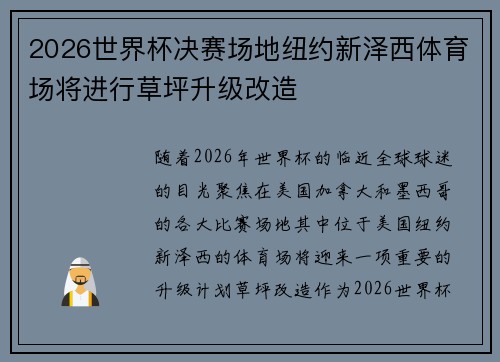 2026世界杯决赛场地纽约新泽西体育场将进行草坪升级改造
