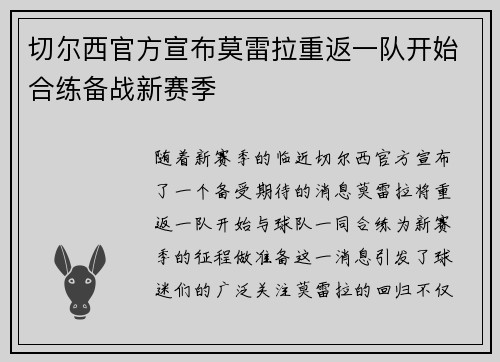 切尔西官方宣布莫雷拉重返一队开始合练备战新赛季