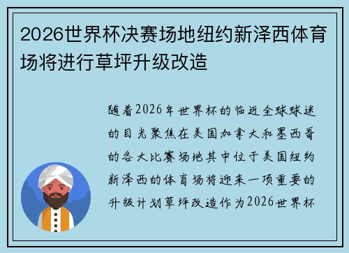 2026世界杯决赛场地纽约新泽西体育场将进行草坪升级改造